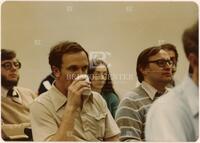 Photograph of William "Bill" Wheeler (left, w/beard), John Conway (right, striped sweater), and [Donald McCracken or Grahame Bennett]