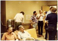 Photograph of a gathering at the Indiana University math department lounge, 1981