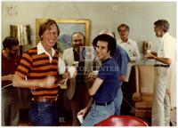 Photograph of a gathering at the Indiana University math department lounge, 1981