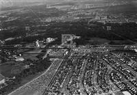 Aerial of old Rice stadium and cars, no. 1135; Medical Center