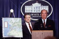 Briefing press on bombing in Libya, Speakes, Weinburger, and Schultz