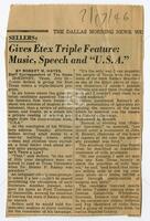 "Sellers: Gives Etex Triple Feature: Music,  Speech and 'U.S.A.'"