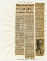 "Rites for de Menil, noted art patron, scheduled Tuesday"