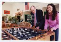 University of Texas at El Paso visit, Swimming and Fitness Center, Bernard Rapoport with student playing foosball