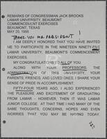Remarks of Congressman Jack Brooks, Lamar University, Beaumont, Commencement Exercises, Beaumont, Texas, May 20, 1995