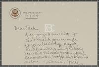 Handwritten note from President Bill Clinton to Jack Brooks, December 1, 1994
