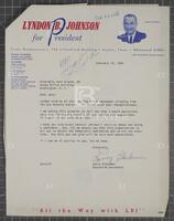 Letter from Lyndon B. Johnson's executive secretary to Jack Brooks, February 12, 1960