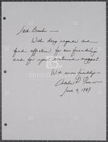Handwritten note from Charles Turco to Jack Brooks, June 9, 1989