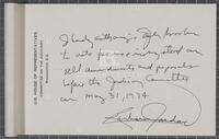 Handwritten note from Barbara Jordan to Jack Brooks, May 31, 1974