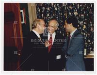 Photograph of Jack Brooks, Jim Wright, and Michael Dukakis, May 1988