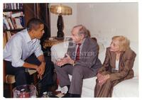 Barack Obama talking with Bernard and Audre Rapoport