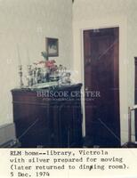 Library, Victrola with silver prepared for moving (later returned to dining room).