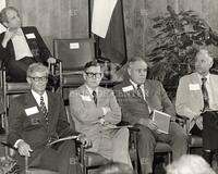 Front row: Chancellor C. A. Le Maitre, Chancellor Emeritus Harry H. Ransom, Acting Dean A.R. Schrank of the College of Natural Sciences, Chairman W.W. Bledsoe of the Department of Mathematics. Back row: Professor Leonard Gillman of Mathematics. (5)