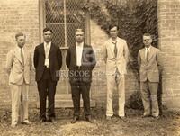 Left to right: Dorroh, Roberts, R. L. Moore, Rutt, Vickery; Beside Old Main Building on the University of Texas at Austin campus