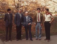 Truesdell with his four friends whose doctorates he advised, Brown University, fall 1983 of the Society for Natural Philosophy. Left to right: Man, Noll, T[ruesdell], Wang, Muncastes. Photograph by Charlotte Truesdell.