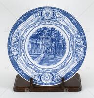 Photograph of a blue and white plate with a picture of the Scottish Rite Dormitory for Women.