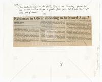 Daily Texan article – "Evidence in Oliver shooting to be heard Aug. 3" with handwritten note