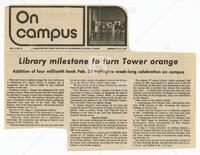 Article: "Library milestone to turn Tower orange: Addition of  four millionth book"