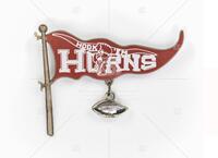 UT lapel pin: orange plastic banner reading Hook 'em Horns, undated