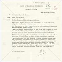 Memo from Betty Anne Thedford to Harry H. Ransom regarding student housing and intercollegiate athletics
