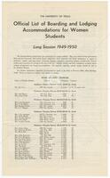 Official List of Boarding and Lodging Accommodations for Women Students, Long Session 1949-1950