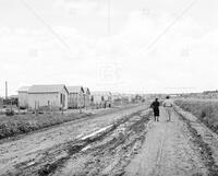 Couple walking down a street in a new housing addition, San Angelo, 1949