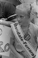 Photograph of a Mondale-Ferraro supporter at a campaign event, August 1, 1984