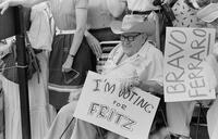 Photograph of a Fritz Holland supporter at a campaign event, August 1, 1984