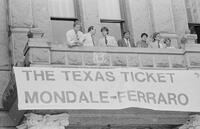 Photograph of a banner for candidates Walter Mondale and Geraldine Ferraro during a campaign event, August 1, 1984