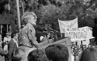 Photograph of Geraldine Ferraro speaking during a campaign event, August 1, 1984