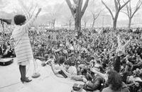 Photograph of Shirley Chisholm speaking to Vietnam War veterans at a rally protesting the Vietnam War, April 21, 1971