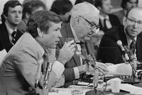 Photograph of Howard Baker, Sam Ervin, and Samuel Dash during the U.S. Senate Watergate Committee hearings, September 1973