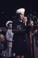 Photograph of Coretta Scott King speaking during the Moratorium to End the War in Vietnam, 1969