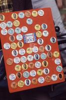 Photograph of buttons on a board during a protest against the Vietnam War, April 24, 1971