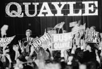 Photograph of Dan Quayle speaking to supporters, 1988