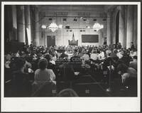 Black and white photograph from the back of the courtroom during the Iran-Contra trials, 1987