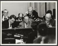 Black and white photograph of Jack Brooks pointing his finger during the Iran-Contra trials, 1987