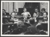 Black and white photograph of representatives during the Iran-Contra trials, Jack Brooks centered, July 1987