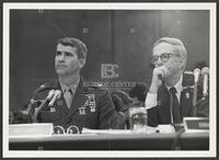 Black and white photograph of Lt. Col. Oliver North during the Iran-Contra trials, July 1987