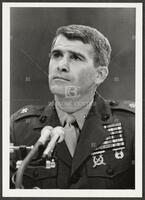 Black and white close up photograph of Lt. Col. Oliver North during the Iran-Contra trials, July 1987