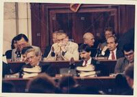 Color photograph of representatives during the Iran-Contra trials, July 14, 1987
