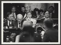 Black and white photograph of Jack Brooks during the Iran-Contra trials, cigar in mouth, July 14, 1987