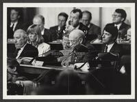 Black and white photograph of Jack Brooks during the Iran-Contra trials from the side, July 14, 1987