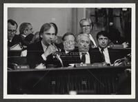 Black and white photograph of representatives during the Iran-Contra trials, July 14, 1987