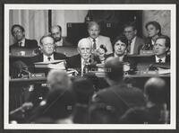 Black and white photograph of Jack Brooks talking and pointing during the Iran-Contra trials, July 14, 1987