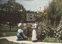 Women by flower bed, possibly at UT campus