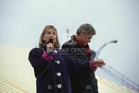 Bill and Hillary Clinton greet people during a marathon 24 hour-long campaign trip, 1992