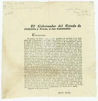 Coahuila and Texas (Mexican state). Gobernador (ad interim), 8 April 1835. (Marcial Borrego). See S818.