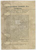 Gregorio Gomez Palomino, Coronel del Batallón Activo de Tres Villas y comandante de esta plaza, á sus compañeros de armas y demás habitantes de esta ciudad.