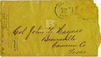 [Envelope containing a letter from F.W. Chandler to John L. Haynes regarding the Cameron estate and current cases]